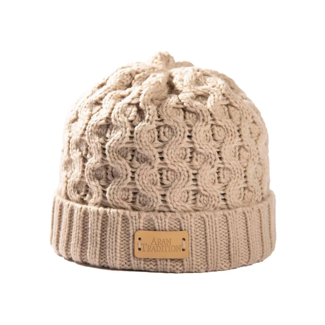 Aran Cable Knit Beanie Hat in Oatmeal