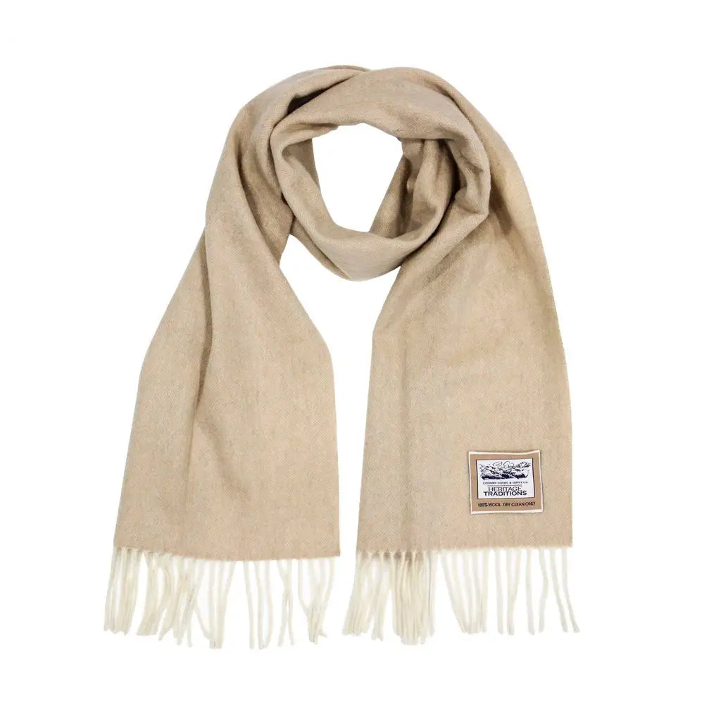 Pure Wool Herringbone Scarf by “Heritage Traditions” in Pale Camel