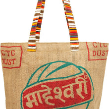 Load image into Gallery viewer, Tea Sack Lined Jute Tote with Striped Cotton Handle
