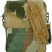 Load image into Gallery viewer, Recycled Military Tent Camoflouge Cross Body Bag with Genuine Leather Trim
