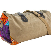 Load image into Gallery viewer, Military Tent &amp; Vintage Textiles Overnight Travel Bag with Genuine Leather Trim
