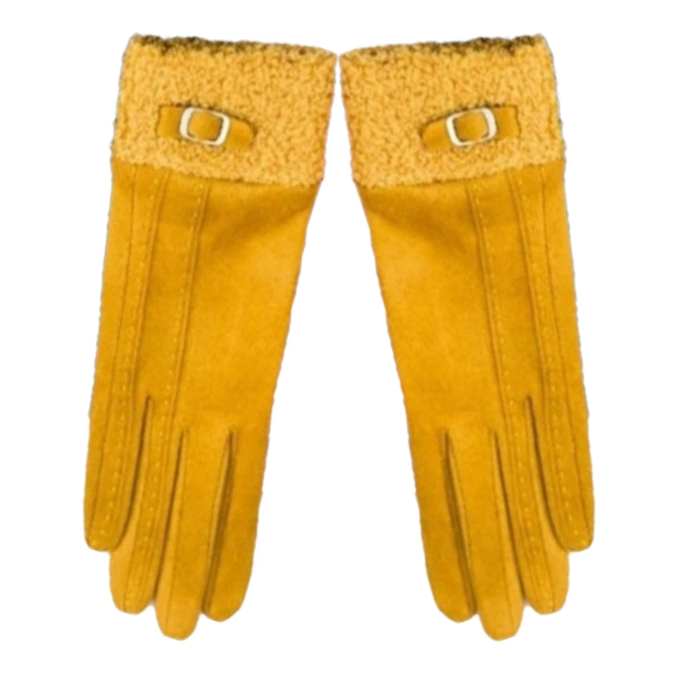 Mustard Faux Sheep Fur Buckle Gloves