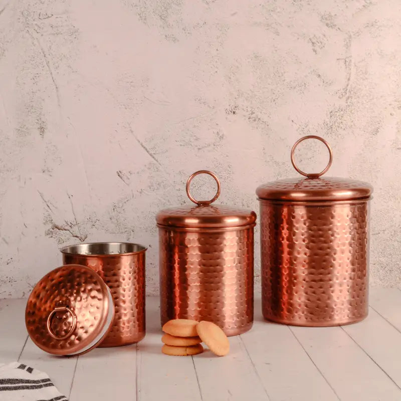 Set of 3 Airtight Metal Canisters- Hammered Metal