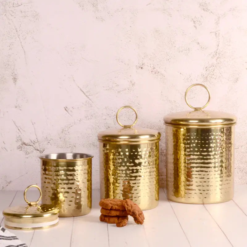 Set of 3 Airtight Metal Canisters- Hammered Metal Gold
