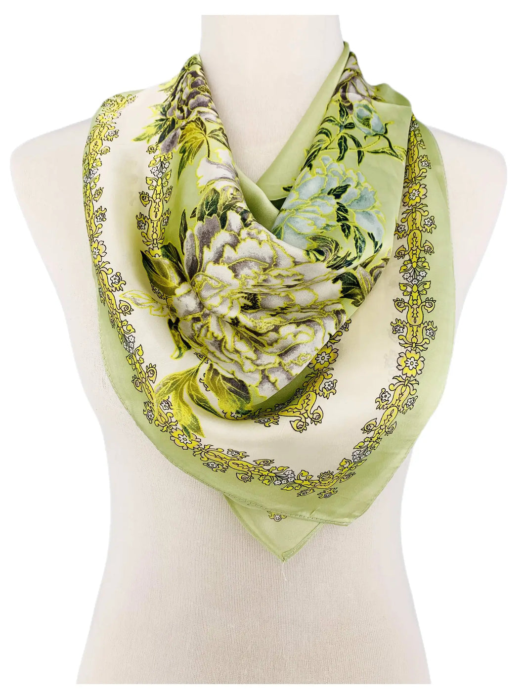 Luxurious Silky Square Green Peony Scarf